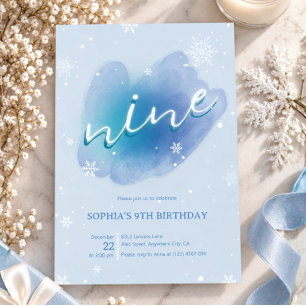Winter gefrorenes blaues Aquarell-Schnee 9. Geburt Einladung
