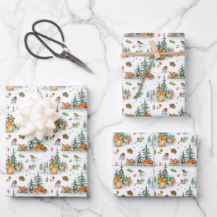 Winter Gemütliche Natur Fuchs Hase Vögel Zapfen  Geschenkpapier Set
