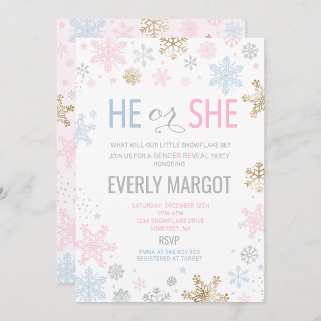 Winter Gender Reveal Baby Shower Einladung (Vorne/Hinten)