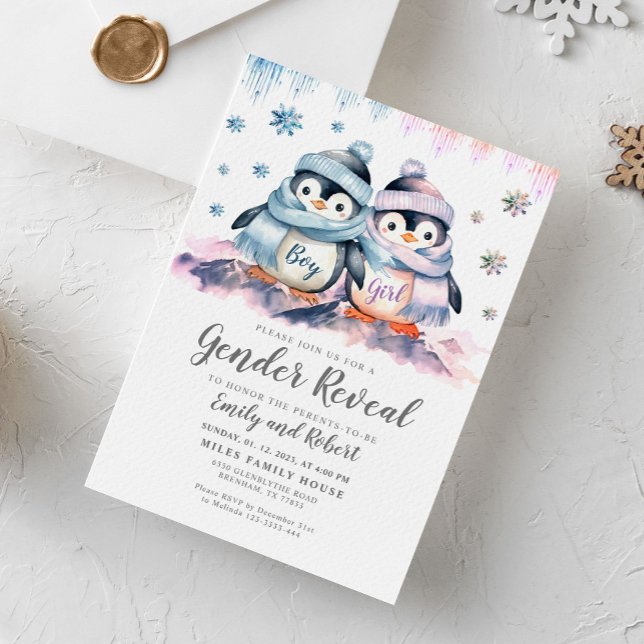 Winter Gender Reveal, Baby Shower Pinguin Einladung (Von Creator hochgeladen)