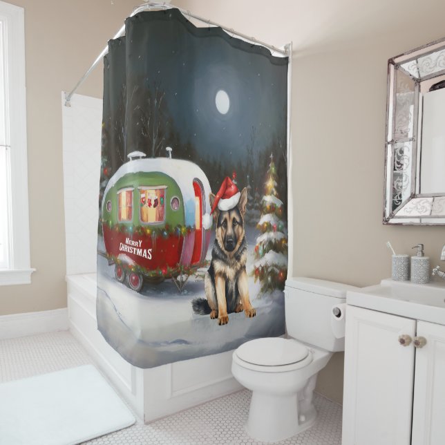 Winter German Shepherd Caravan Weihnachtsabenteuer Duschvorhang (Beispiel)