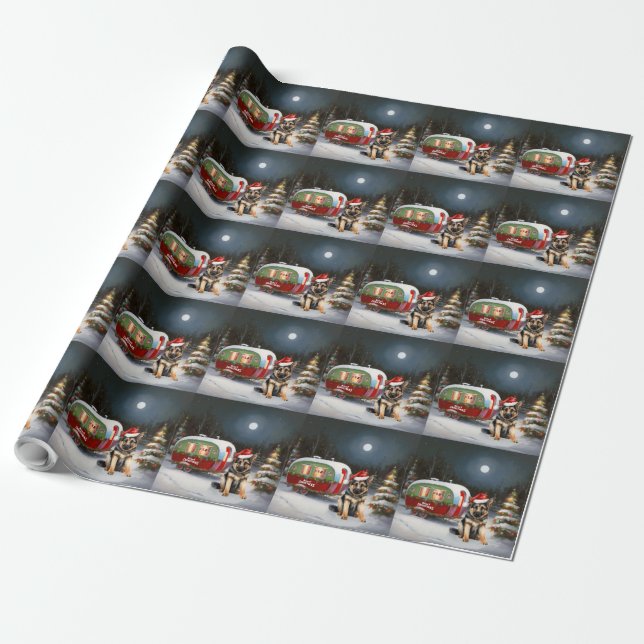 Winter German Shepherd Caravan Weihnachtsabenteuer Geschenkpapier (Ungerollt)