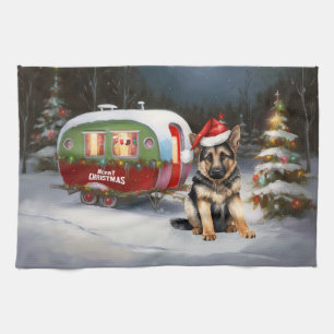 Winter German Shepherd Caravan Weihnachtsabenteuer Geschirrtuch