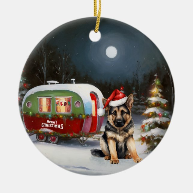 Winter German Shepherd Caravan Weihnachtsabenteuer Keramik Ornament (Vorne)
