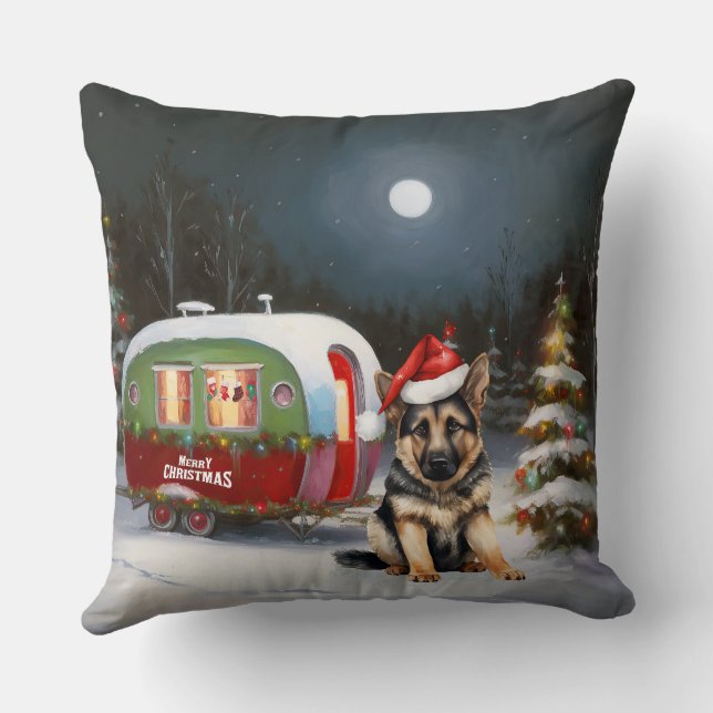 Winter German Shepherd Caravan Weihnachtsabenteuer Kissen (Rückseite)