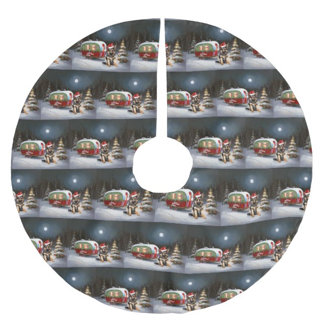 Winter German Shepherd Caravan Weihnachtsabenteuer Polyester Weihnachtsbaumdecke (Vorderseite)