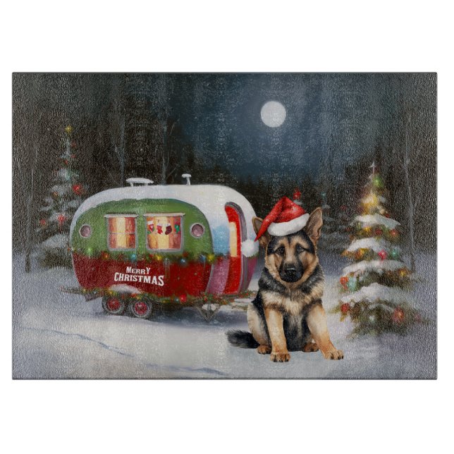 Winter German Shepherd Caravan Weihnachtsabenteuer Schneidebrett (Vorderseite)