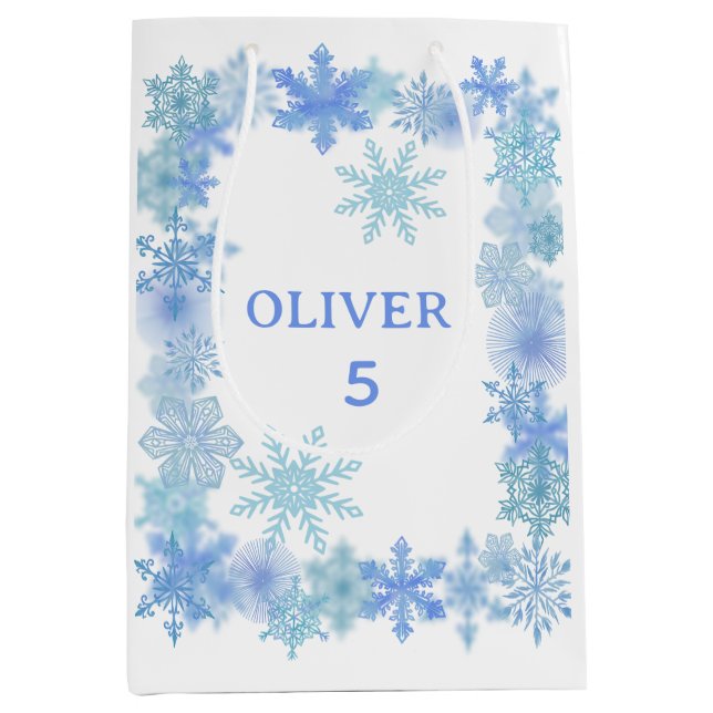 Winter Gift Bag, Minimalist Snowflake Present Bag  Mittlere Geschenktüte (Vorderseite)