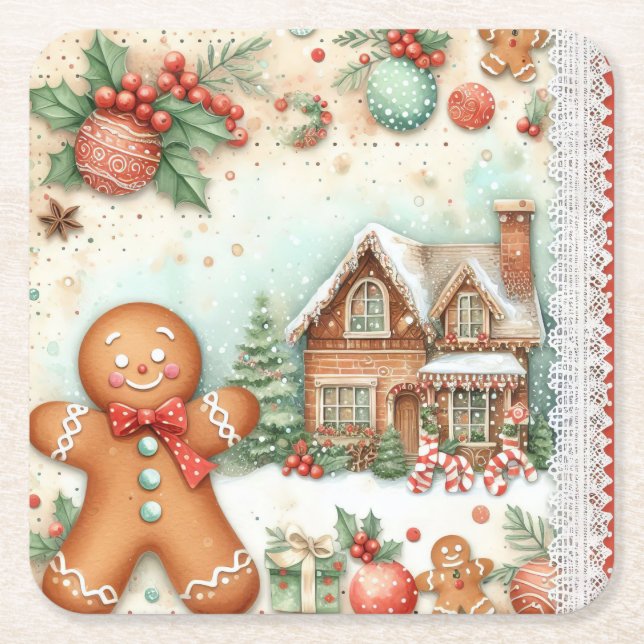 Winter Gingerbread Man House Ornaments Rechteckiger Pappuntersetzer (Vorderseite)