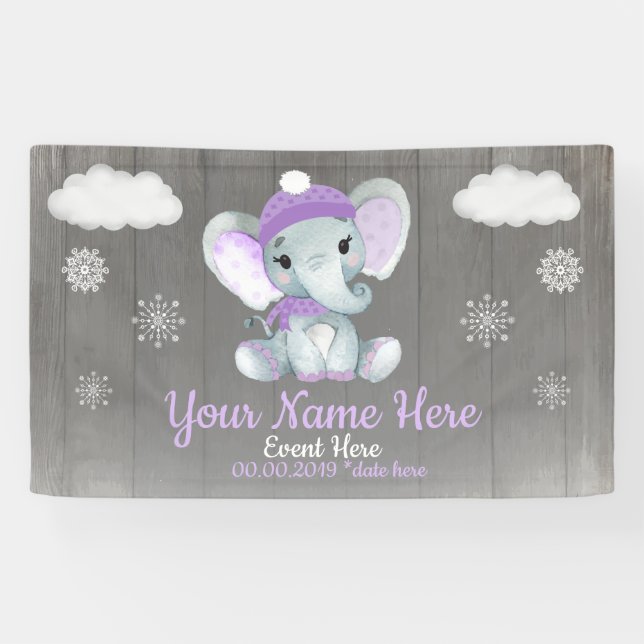 Winter Girl Elephant Hintergrund Lila Schneeflocke Banner (Horizontal)