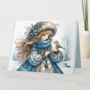 Winter Girl mit Vogel in Blue Floral Coat Karte