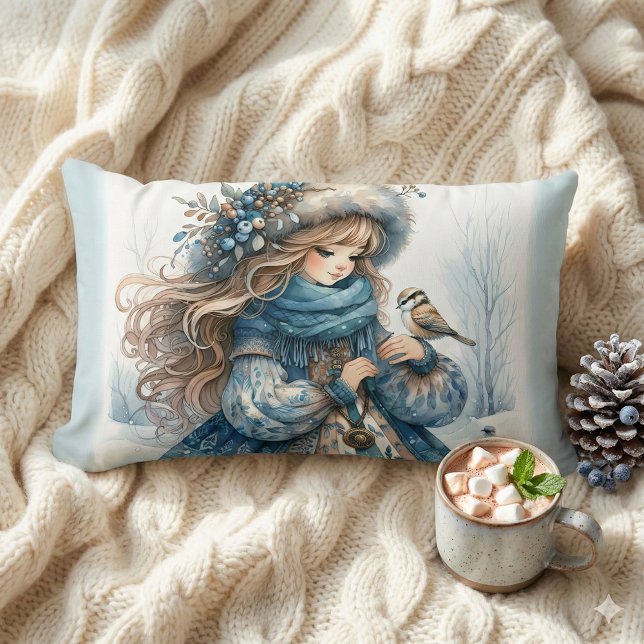 Winter Girl mit Vogel in Blue Floral Coat Lendenkissen (Winter Girl with Bird in Blue Floral Coat Lumbar Pillow Mockup A)