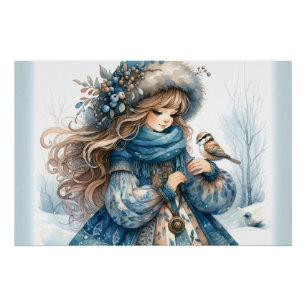 Winter Girl mit Vogel in Blue Floral Coat Poster