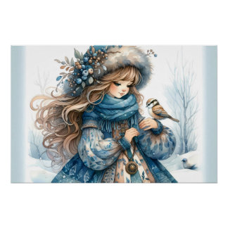 Winter Girl mit Vogel in Blue Floral Coat Poster