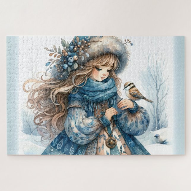 Winter Girl mit Vogel in Blue Floral Coat Puzzle (Horizontal)