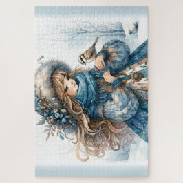 Winter Girl mit Vogel in Blue Floral Coat Puzzle