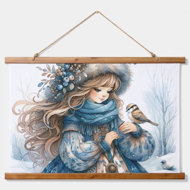 Winter Girl mit Vogel in Blue Floral Coat Wandteppich Mit Holzrahmen (Vorne)