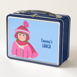 Winter Girl Pink White Red Winter Hat Metall Brotdose