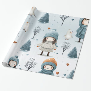 Winter Girl Trees and Birds Geschenkpapier