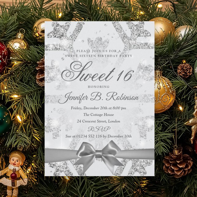 Winter Glitter & Ribbon Sweet 16 Birthday Party Einladung (Winter Glitter & Ribbon Sweet 16 Birthday Party Invitation)