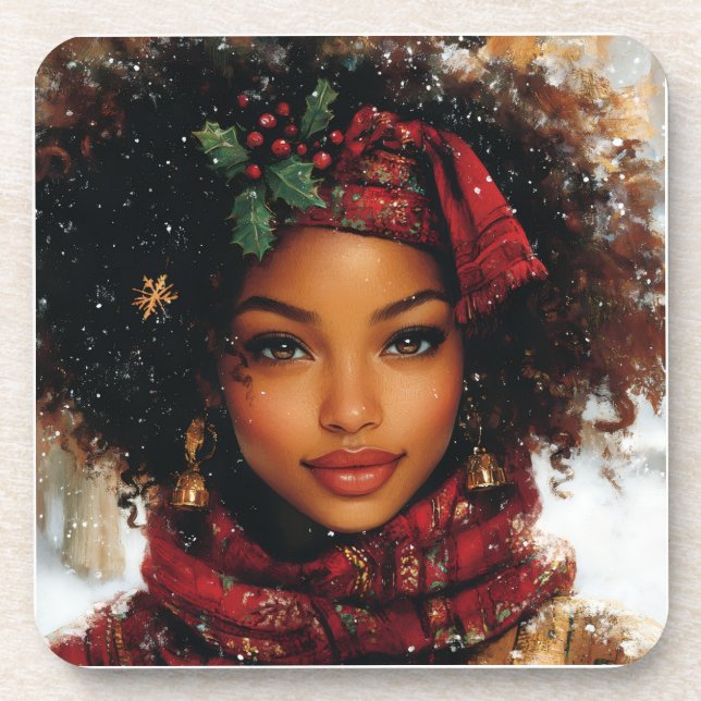 Winter Glow Afrozentrische Königin – Feiertagskuns Getränkeuntersetzer (Vorderseite)