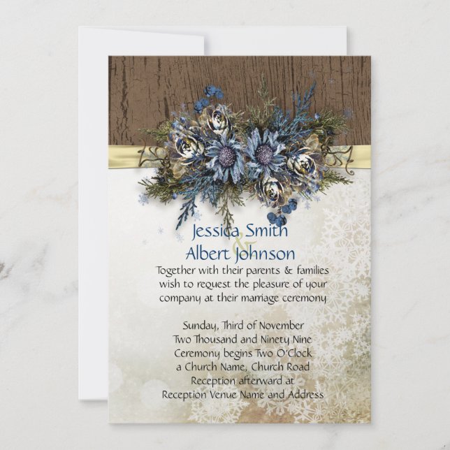 Winter Gold Ribbon Blue Floral Wedite Einladung (Vorderseite)