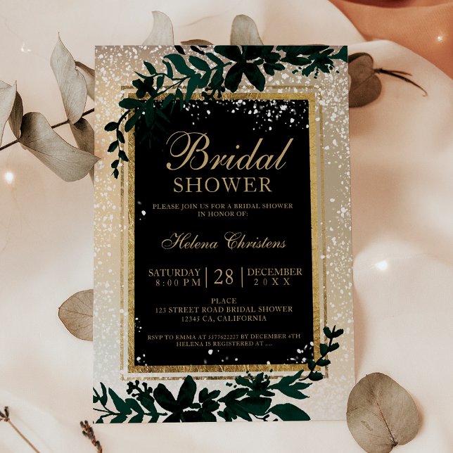 Winter gold typography leaf snow bridal shower einladung (Winter gold typography leaf snow bridal shower invitation)