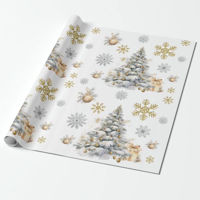 Winter Gold und Silber Pine Tree Geschenkpapier (Ungerollt)
