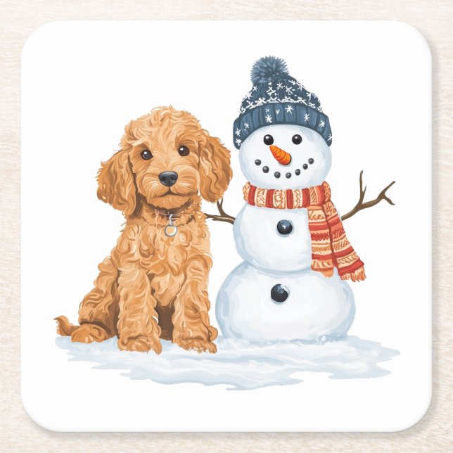 Winter Goldendoodle Dog Cute Snowman Rechteckiger Pappuntersetzer (Vorderseite)