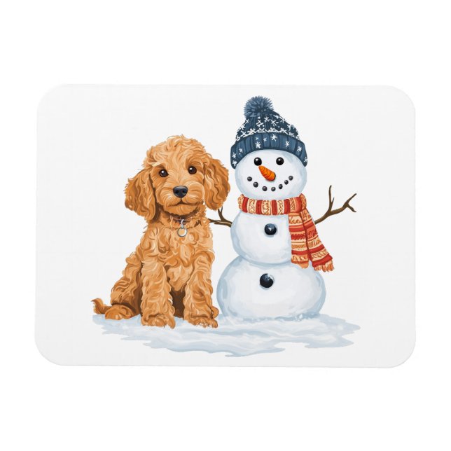 Winter Goldendoodle Hund süßer Schneemann Magnet (Horizontal)