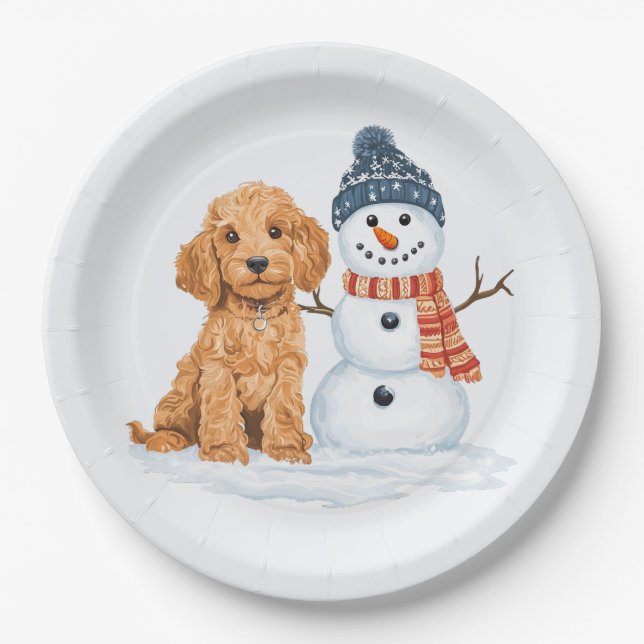 Winter Goldendoodle Hund Süßer Schneemann Pappteller (Vorderseite)