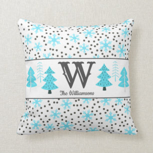 Winter Graue Aquamarine Bäume Schneeflocken Dots M Kissen