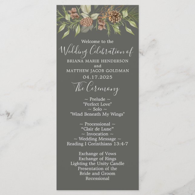 Winter Graue Elegante Schrift Hochzeit Programm (Vorderseite)