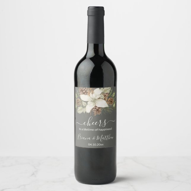 Winter Gray Elegant Script Wedding Weinetikett (Vorderseite)