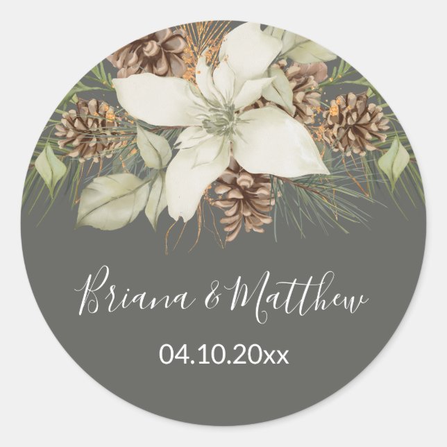 Winter Gray Elegante Script Wedding Umschlag Aufkl Runder Aufkleber (Vorderseite)