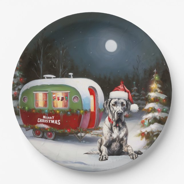 Winter Great Dane Caravan Weihnachtsabenteuer Pappteller (Vorderseite)