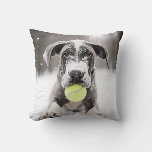 🐕 Winter Great Dane Welpe mit 🎾 Tennisbällen Kissen (Vorderseite)