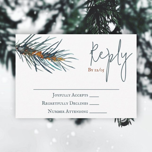 Winter Green Pine Needles Wedding RSVP Card Hinweiskarte (rustic brown forest green pine tree watercolor reply wedding rsvp enclosure card winter green brown)
