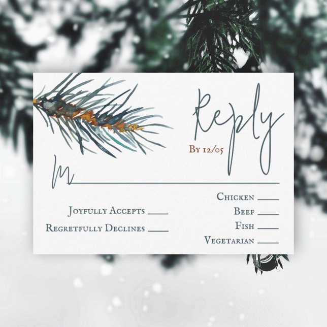 Winter Green Pine Needles Wedding RSVP Card Hinweiskarte (rustic brown hunter green pine needles watercolor reply wedding rsvp enclosure card forest green)