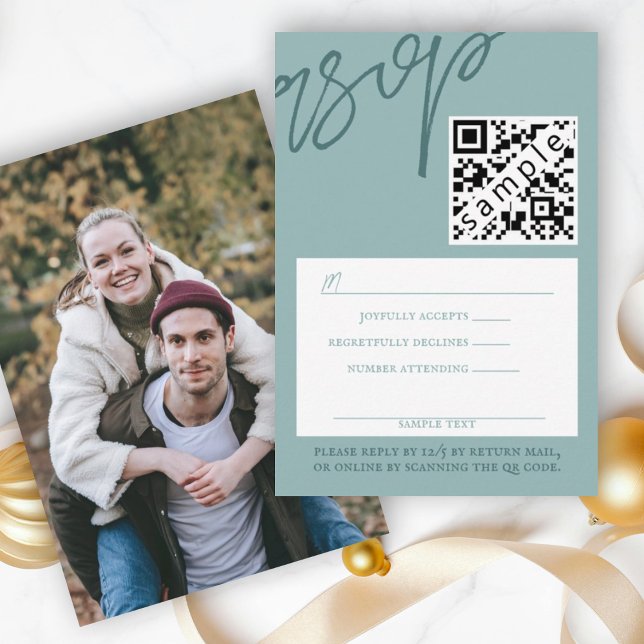 Winter Green Wedding RSVP Card mit QR Code Hinweiskarte (simple winter green rsvp response reply enclosure card mint green script calligraphy qr code barcode)