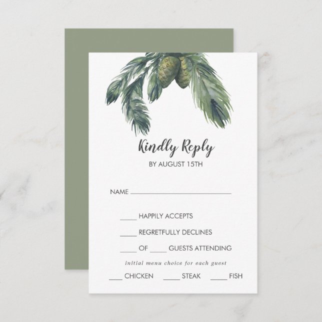 Winter Greenerity Menu Choice Wedding RSVP Card (Vorne/Hinten)