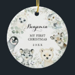 Winter Greenery Arctic Animals Baby 1. Weihnachten Keramik Ornament<br><div class="desc">Dieser bezaubernde Weihnachtsschmuck besticht durch sanfte botanische Vegetation und eine Gruppe niedlicher arktischer Tiere. Klicken Sie auf die Schaltfläche "Weitere Anpassung",  wenn Sie den Stil und die Position des Textes neu ordnen und formatieren möchten.</div>