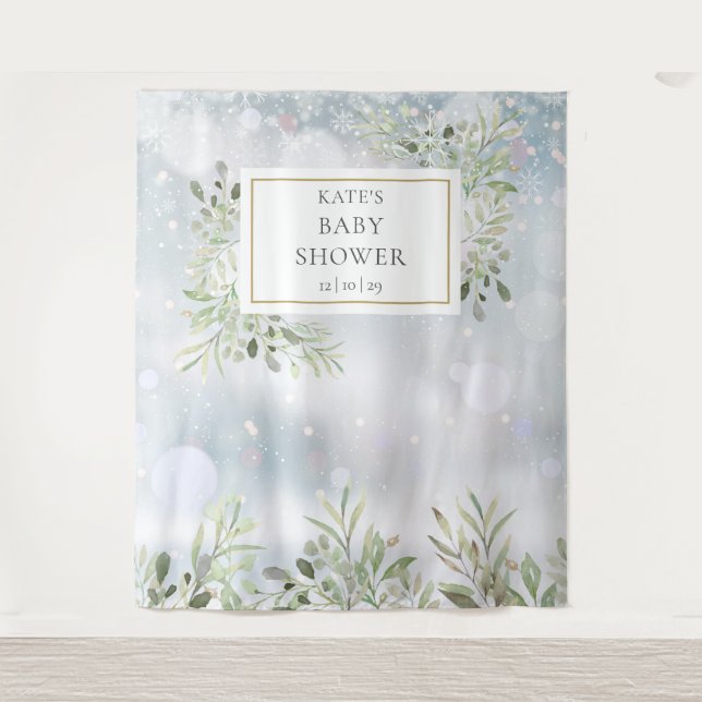 Winter Greenery Baby Shower Foto Stand Hintergrund Wandteppich (Vorderseite)