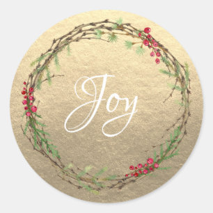 Winter Greenery Berries Wreath Christmas Joy Gold Runder Aufkleber
