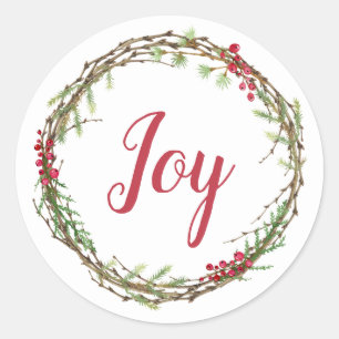 Winter Greenery Berries Wreath Christmas Joy Runder Aufkleber