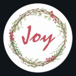 Winter Greenery Berries Wreath Christmas Joy Runder Aufkleber<br><div class="desc">Eleganter und moderner festlicher Umschlag Aufkleber oder Geschenkaufkleber für Weihnachten mit dem Text 'Joy' in roter Chic-Schrift-Kalligraphie und einer stilvollen Touch von Wintergrün und Beeren Kranz. Exklusiv für Sie entworfen von Happy Dolphin Studio. Wenn Sie Hilfe oder passende Produkte benötigen,  kontaktieren Sie uns bitte über unseren Shop Chat!</div>