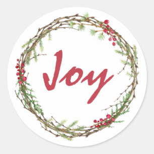 Winter Greenery Berries Wreath Christmas Joy Runder Aufkleber