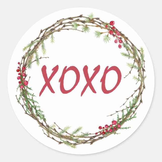 Winter Greenery Berries Wreath Christmas XOXO Runder Aufkleber (Vorderseite)