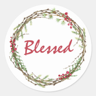 Winter Greenery Berries Wreath Weihnachten gesegne Runder Aufkleber