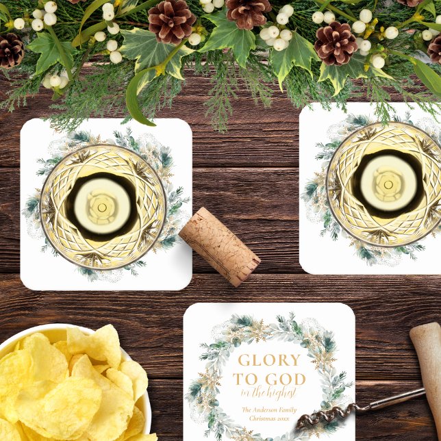 Winter Greenery Bible Verse Religiöse Weihnachten Rechteckiger Pappuntersetzer (Religious Christmas cocktail coasters with Bible verse and winter greenery)